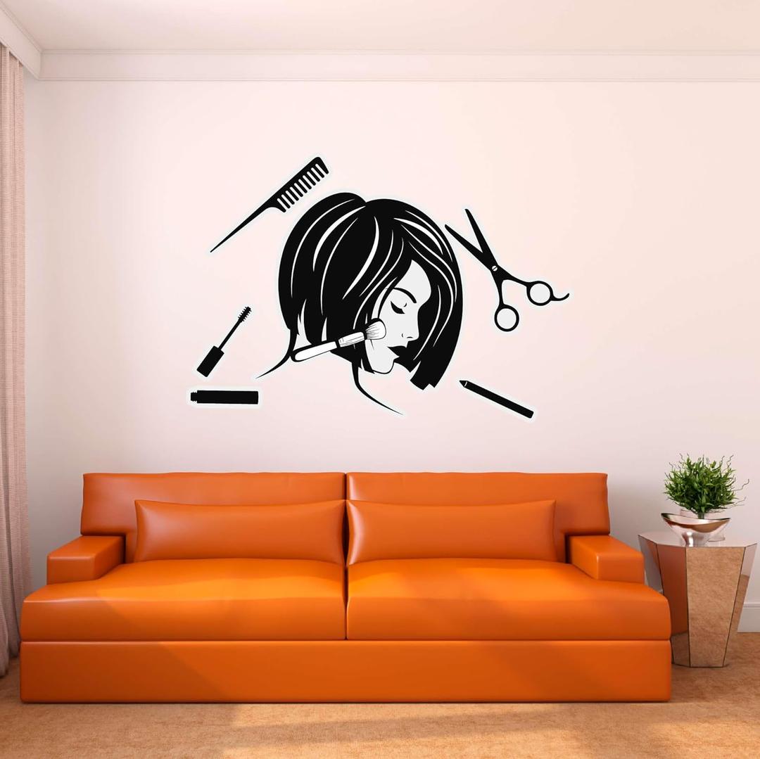 Wall Decal Beautiful Girly Wall Sticker Beautiful Groomed Lady Head with Salon Items Removable - Size: 30 in(W) x 21 in(H) (Black)