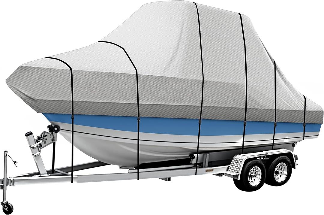 iCOVER T-Top Boat Cover, 600D Heavy Duty Marine Grade Waterproof Tear Resistant, Hard Top/T Top Boat Cover for Center Console Boat with T TOP Roof, Fits 22'-24' Long Beam Width up to 106", Grey