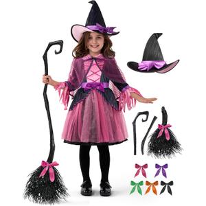 Spooktacular Creations Child Girl Orange Purple Witch Costume, Toddler Witch Outfit Set for Kids Halloween Dress Up Parties (Medium(8-10 yrs), Pink)