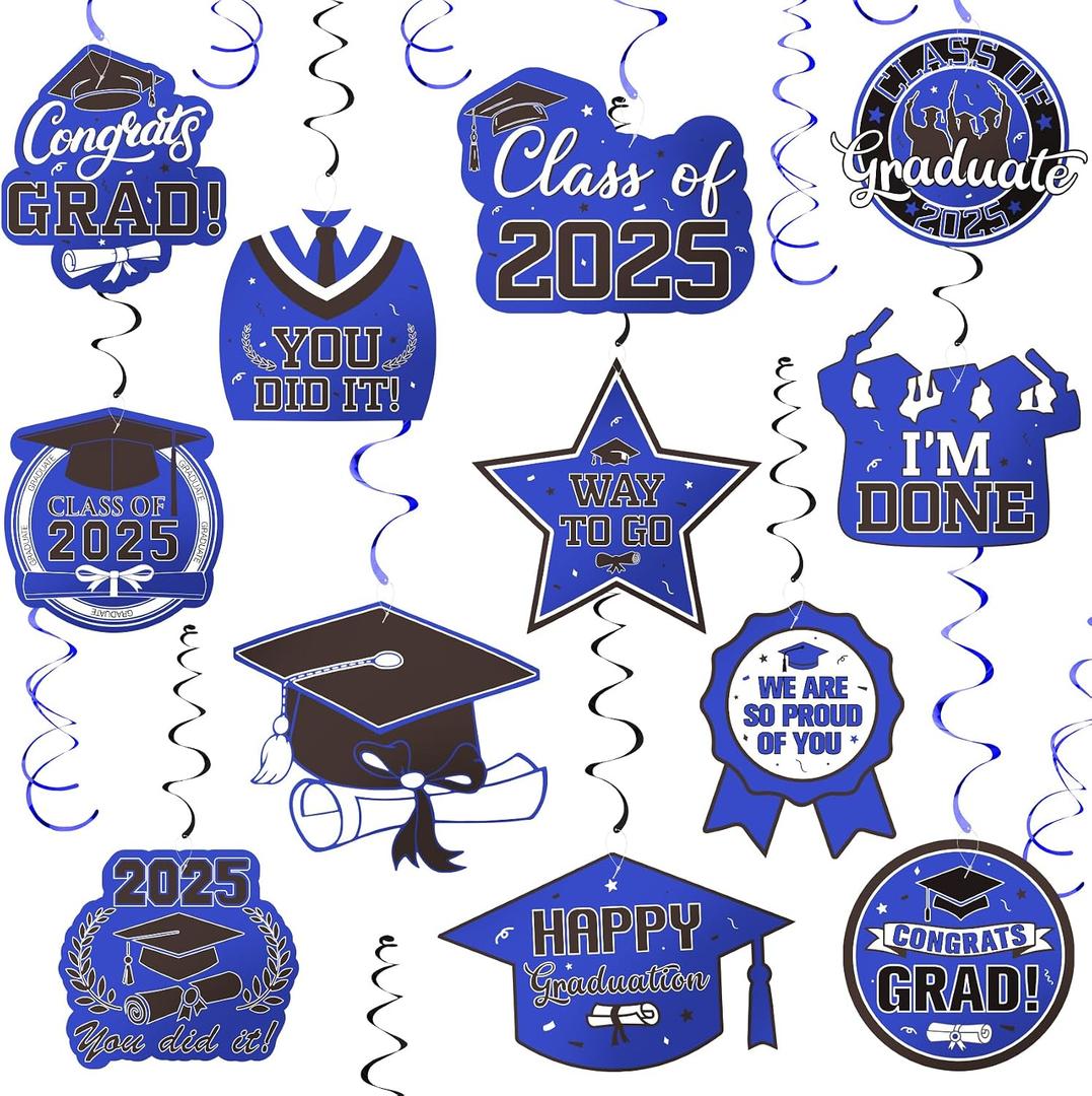 Graduation Decorations Class of 2025, 30 PCS Blue and Black Graduation Party Decorations 2025, Congrats Grad Hanging Swirl Decoration with Foil Wall Ceiling Streamers for Graduations Party Decoration