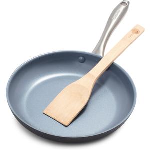 GreenPan Lima Hard Anodized 10" Frying Pan Skillet, Wood Spatula, Ceramic Nonstick, PFAS-Free Nontoxic Pots and Pans, Oven & Broiler Safe, Stainless Steel Handle, Cookware for Eggs & Omelet, Gray