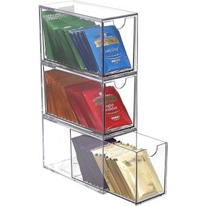 ELLDOO 3 Drawers Tea Bag Organizer, Clear Acrylic Stackable Tea Bag Storage Holder for Kitchen Pantry, Coffee Pod Snack Storage for Countertop Cabinet