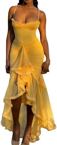 Unybwonn Women Cocktail Maxi Dress Sleeveless Ruched Ruffle Hem Mesh Dresses High Low Split Spaghetti Strap Sundress, S