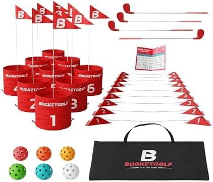 BucketGolf 9 Hole Bundle with Clubs, Outdoor Golf Game for All Ages | Play Anywhere: Yards, Beach, Park & Backyard, Fun for Adults, Kids & Family,4 Clubs (3 RH + 1 LH) 
