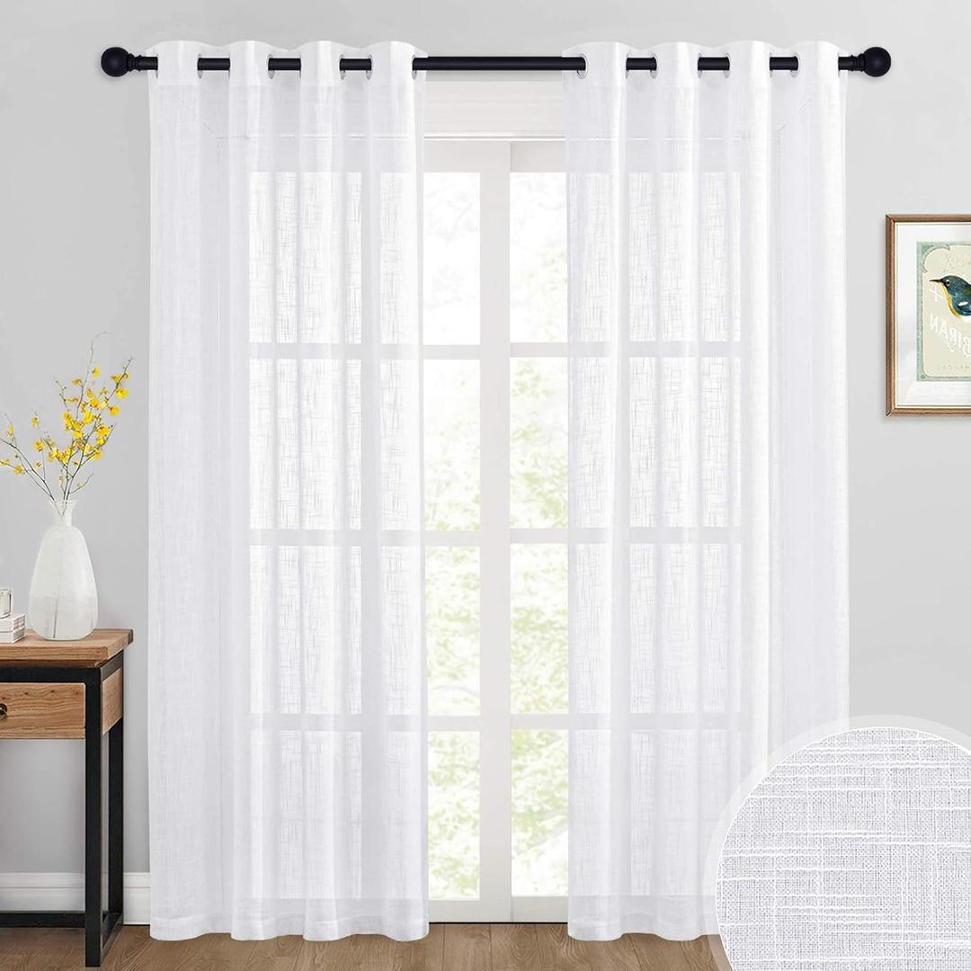 RYB HOME Semi Sheer Curtains 84 inches Long - Linen Textured White Curtains Privacy Large Window Decor for Living Room Bedroom Dining, W 52" x L 84", 2 Panels