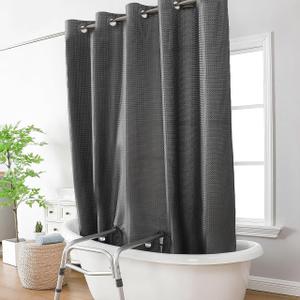 Gray Waffle Split Shower Curtain for Bath Transfer Benches, Polyester Fabric Bathroom Blackout Cloth with 2 Vertical Slits Designed, No Hooks Bath Curtain, 71 x 74inch