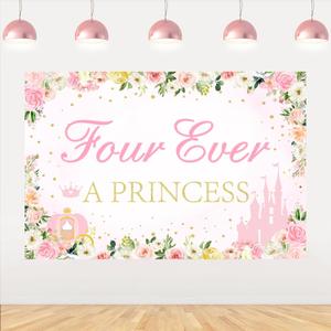Four Ever a Princess Birthday Decorations Backdrop 5 * 3ft, Princess 4th Birthday Party Decorations Backdrop Banner for 4 Year Old Girl Birthday
