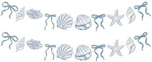 Oudain 2 Pack Blue Bow Starfish and Seashell Garland 6.56 ft Ocean Coastal Nautical Beach Party Under The Sea Paper Bow Hanging Banner for Summer Birthday Wedding Bachelorette Mermaid Baby Shower