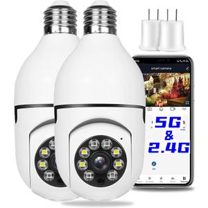 2Pcs Light Bulb Security Camera 2.4GHz & 5G WiFi Outdoor, 1080P E27 Light Socket Security Camera, Indoor 360 Home Security Cameras, Full Color Day and Night, Smart Motion Detection (2PCS, Support 5G)