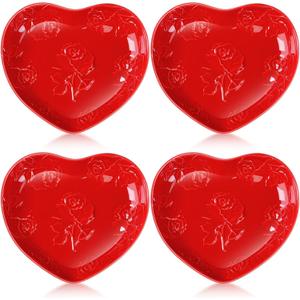 Tioncy 4 Pcs Valentine's Day Ceramic Heart Shaped Plates Galentine's Day 9 Inches Porcelain Heart Bowls Rose Dishes for Dessert Salad Appetizer Valentine Party Supplies(Red)