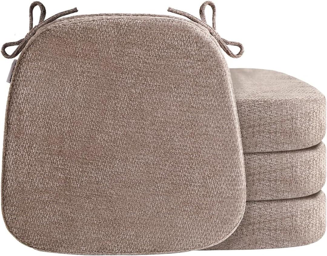 D-Shaped Chair Cushions for Dining Chairs, 2.5” Thick Chair Pads with Washable Comfortable Textured Cover, Non Slip Kitchen Chair Cushions with Ties,16.5" x 16.5", 4 Pack, Brown