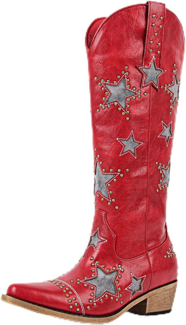 Richealnana Women's Studded Star Rhinestones Cowboy Zipper Knee High Boots Block Heel Western Congirl Boot (10, Red and Black)