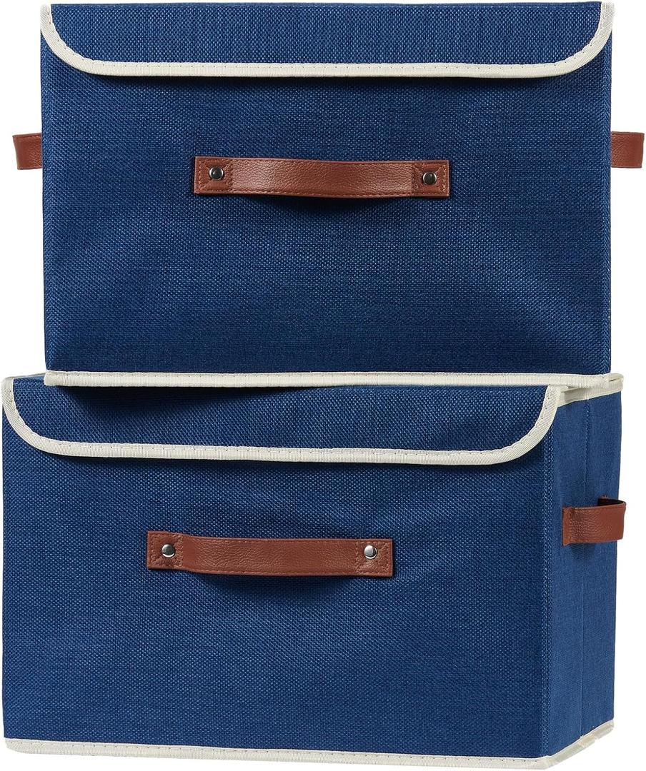 2PCS Storage Boxes with Lid Cotton Linen Fabric Storage Bins Organizer Container Decorative Collapsible Washable Shelf Closet Baskets Faux Leather Handles Home Bedroom (Deep Blue, Large)