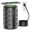 Power Strip Tower, TenTrend 16 Outlets and 5 USB Ports (2 USB-C), 2000 Joules Charging Station, 6FT Flat Plug Extension Cord for Home Office Dorm Room Essentials, Black