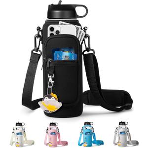Water Bottle Holder with Strap for Hydroflask 32oz 40oz Insulated Water Bottle, Carrier Sling Bag with Phone Pocket Water Bottle Sleeve for Men Women Hiking Camping Travelling (black)