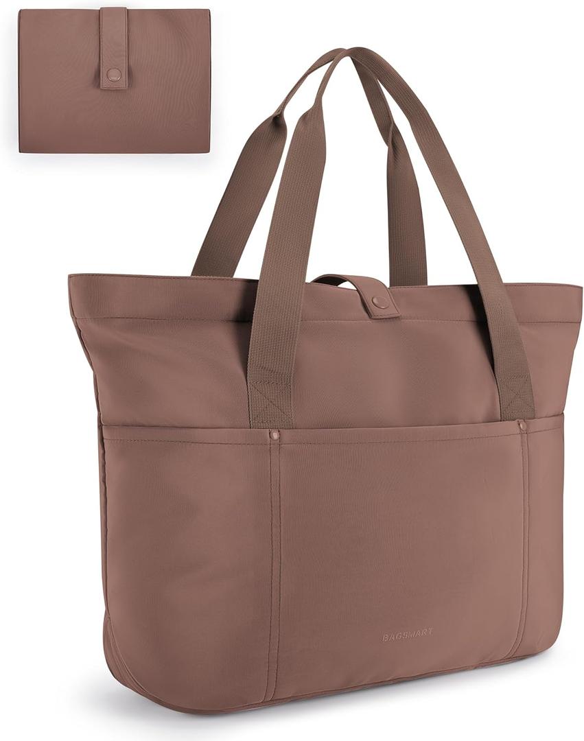 BAGSMART Tote Bag for Women, Foldable Tote Bag With Zipper Travel Large Shoulder Bag Handbag for Work (Coffee Brown)