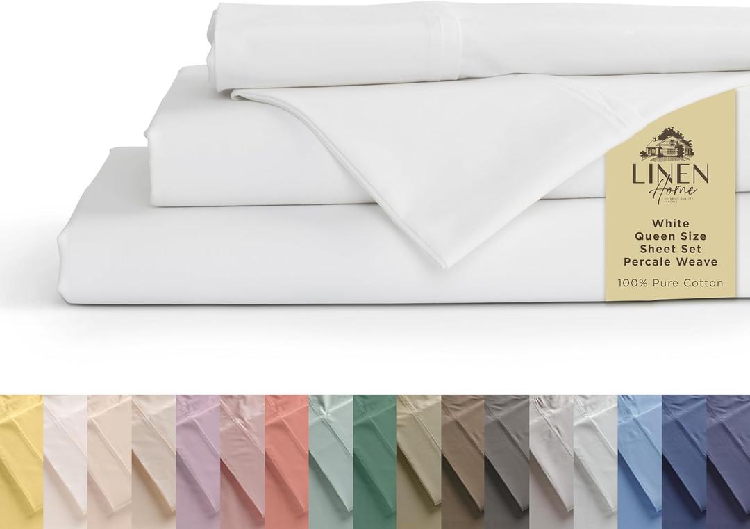 Linen Home 100% Cotton Percale Sheets Queen Size, White, Deep Pocket, 4 Pieces Set - 1 Flat, 1 Deep Pocket Fitted Sheet and 2 Pillowcases, Crisp Cool and Strong Bed Linen