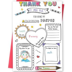 4 x Pastor Appreciation Card, Thank You Greeting Card for Pastor from Kids and Church Members, DIY Fill-in and Coloring Card with Envelope, 8 x 5.3 Inch
