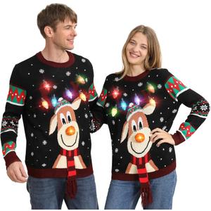 Ugly Christmas Sweater Women Men,Light Up Christmas Sweater for Couples,Funny Cute Reindeer LED Xmas Tacky Sweaters L