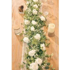 Anna's Whimsy 2PCS 5.91FT Artificial Eucalyptus Garland with Flowers, Fake Rose Gypsophila Garland, Faux Floral Greenery Garlands for Wedding Spring Home Party Table Runner Decor（White）