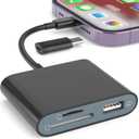 SD Card Reader for iPhone, Memory Card Reader with USB-C to Light-ning Adapter Plug and Play Trail Game Camera Micro SD Card Viewer Support SD/TF Card and USB for iPad No App Required (Black)