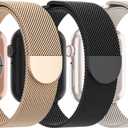 3 Pack Mesh Metal Band Compatible with Apple Watch Band, Stainless Steel Magnetic Loop Strap for iWatch, Size: 38mm/40mm/41mm/42mm