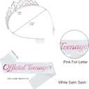 Official Teenager Sash and Rhinestone Tiara Kit, Pink Letter White Birthday Sash Balloons Crystal Silver Tiara Crown for Girl 13th Birthday Gift Ideas Party Decorations