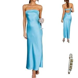 Yazinie Womens Strapless Satin Maxi Dress Backless Tube Dress Blue, Small