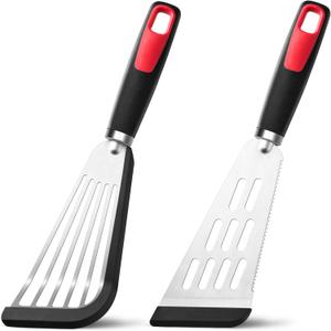 Fish Spatula Turner Set of 2, 600F Heat Resistant Silicone Spatulas for Nonstick Cookware, Metal Slotted Spatula with Silicone Edge for Fish, Egg, Pancake, Dishwasher Safe