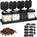 YBEATY 4 Pcs Glass Coffee Containers Coffee Bar Station Organizer Canister Set Airtight Seal Bean Storage Jars Condiment Spice Pots with Base Shelf Labels Spoon Pen for Sugar Tea Candy Oats Nuts