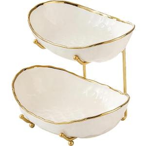 jessie 2 Tier Ceramic Fruit Bowl for Kitchen Counter with Metal Rack, Fruit Basket with Stand, Porcelain Bowls for Vegetable Bread Candy Snack Nuts Dessert Cake Tray (Gold 2 layer)