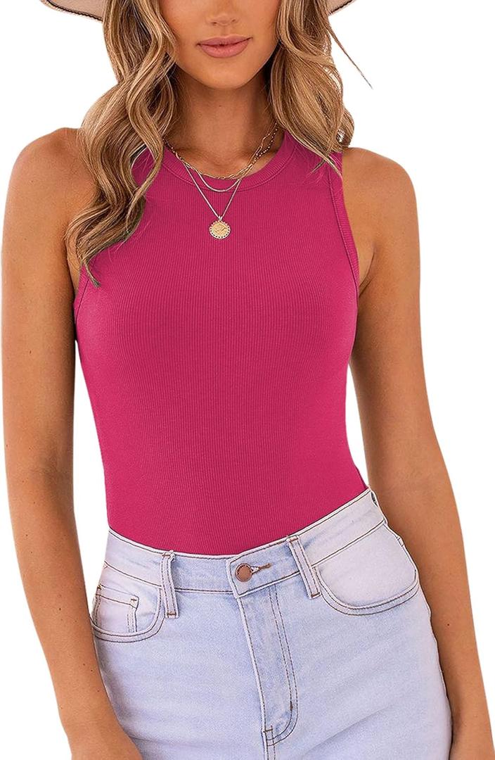 MISSJOY Women's Basic Sleeveless Racer Back Halter Neck Ribbed Bodysuit Tank Tops (Medium)
