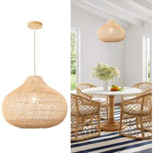 LynPon Rattan Boho Pendant Lights, 15.74'' Large Kitchen Island Wicker Chandelier, Hand Woven Farmhouse Pendant Light Fixture, Modern Hanging Chandeliers for Dining Room Foyer Entryway Bedroom Hallway