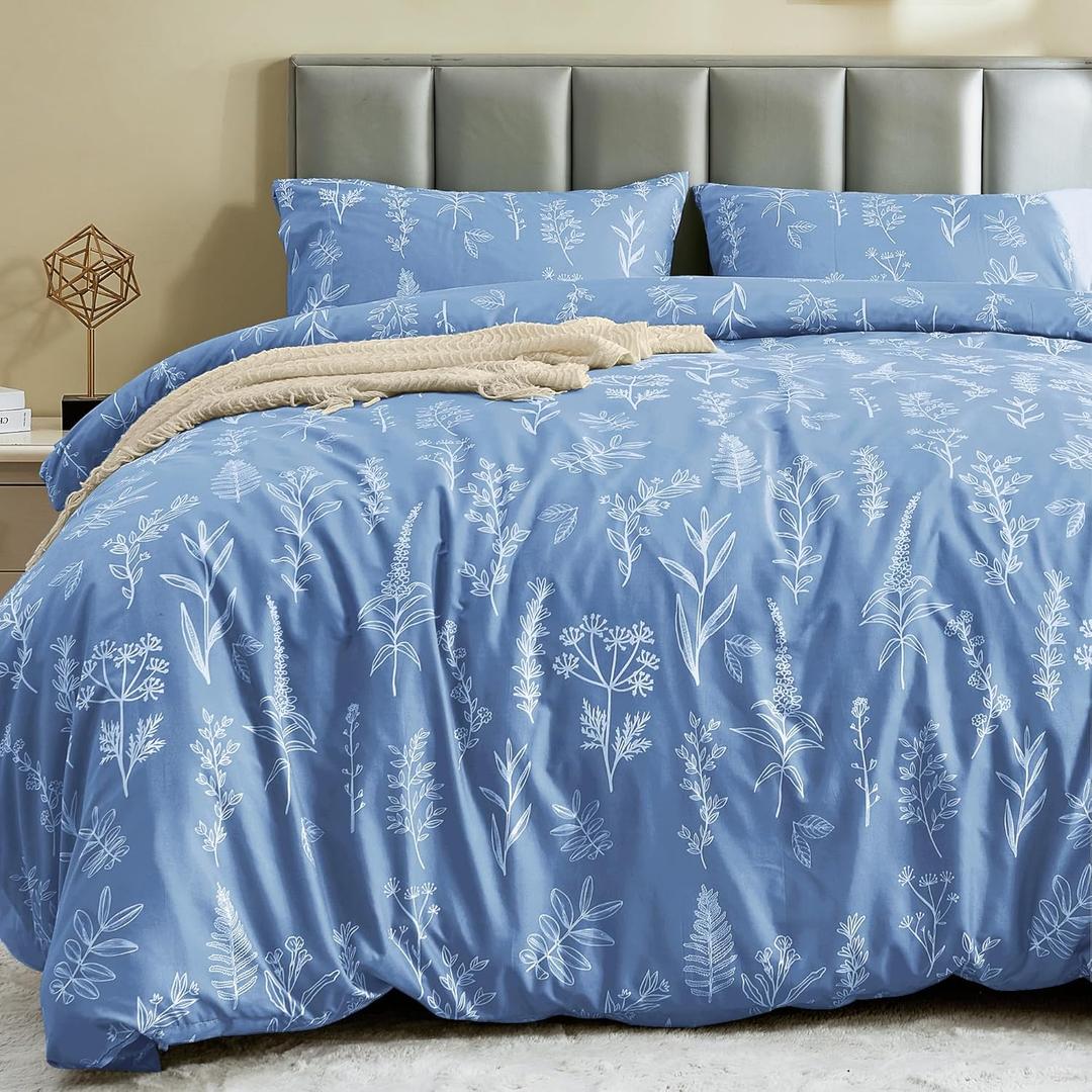 MUXHOMO Duvet Cover Queen Size, Reversible Floral Ice Blue Duvet Cover Set with Zipper Closure, 3 Pieces Botanical Patterns Soft Microfiber Bedding Set with 4 Ties (90"x90", 2 Pillow Cases) (01 - Ice Blue Leaves (No Comforter))