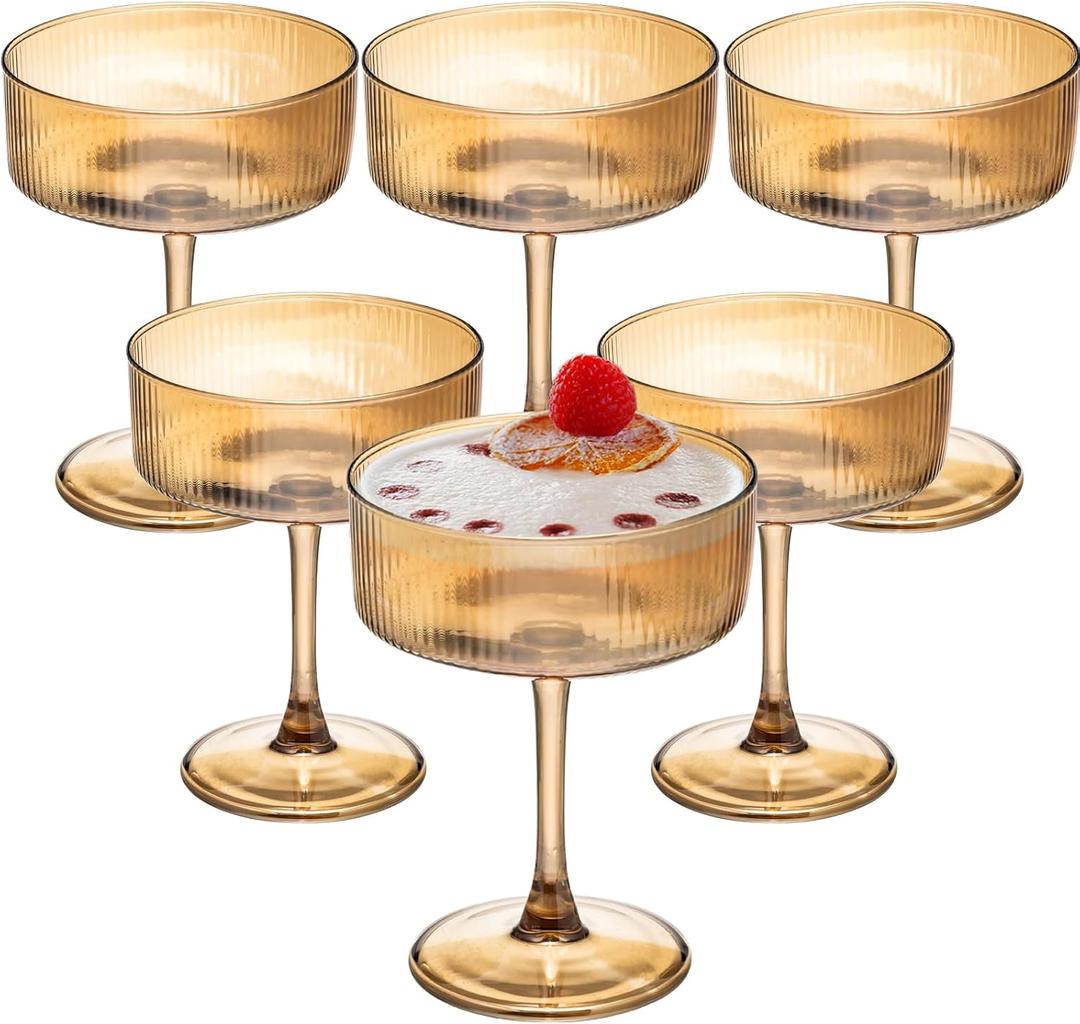Martini Glasses Set of 6,Vintage Champagne Cocktails Glasses,10.5 Ounces Large Amber Ribbed Coupe Drinking Wine Glasses Goblet,Margarita Glasses for Bar,Dessert,Cocktail Glassware Gift Set Luxury