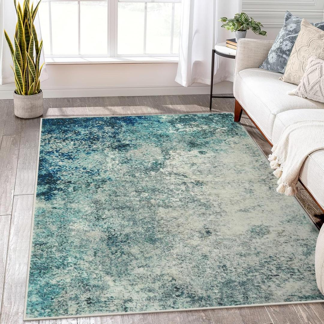Lahome Modern Abstract Area Rug 5x7 Rugs for Living Room, Washable Accent Bedroom Rug Low Pile Non-Slip, Indoor Floor Contemporary Carpet for Kitchen Bathroom Laundry,Blue/Grey