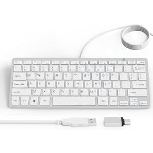Ultra-Slim 78keys USB Mini Wired Keyboard with Media Hotkeys for Apple Mac Pro, MacBook 56Pro/ iMac, Air, Mac mini, Laptop Computers, Windows Desktop PC 11/10/8/7, with USB-A to C OTG Adapter, White