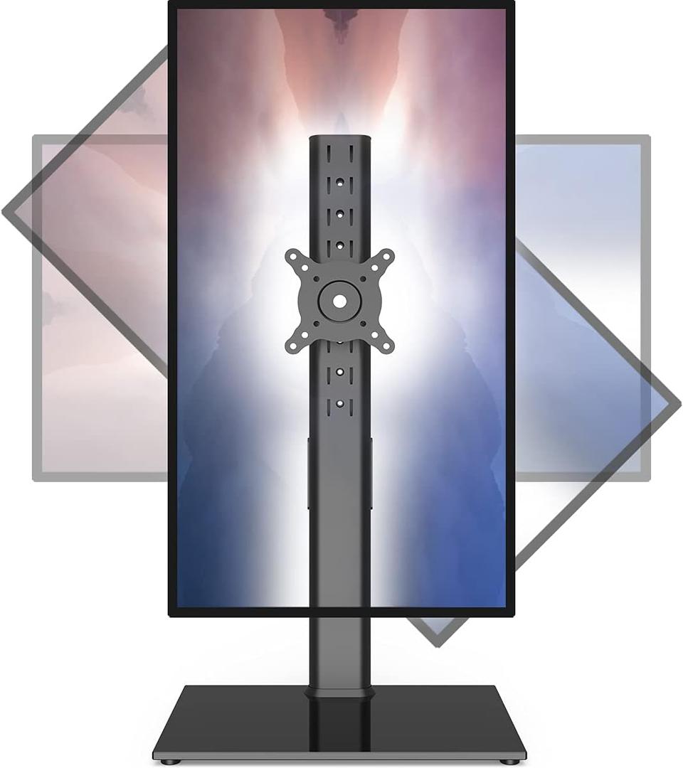 Single Monitor Stand Freestanding 27-43 Inch Monitor Arm Curved Screen Monitor Mount Tempered Glass Base Adjustable Motion Tilt -15 to 10 Swivel 45 Rotation 360 Weight Capacity 77lbs HT05B-003