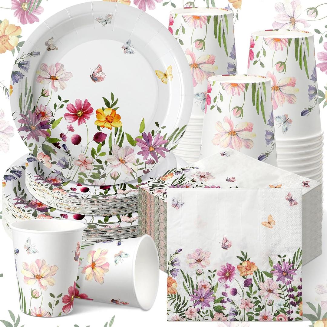 Hsei 250 Pcs Wildflower Party Decoration Baby Shower Disposable Tableware Sets Birthday Supplies Serves 50 Guests Disposable Plates Napkins and Cups for Baby Bridal Shower Birthday Party