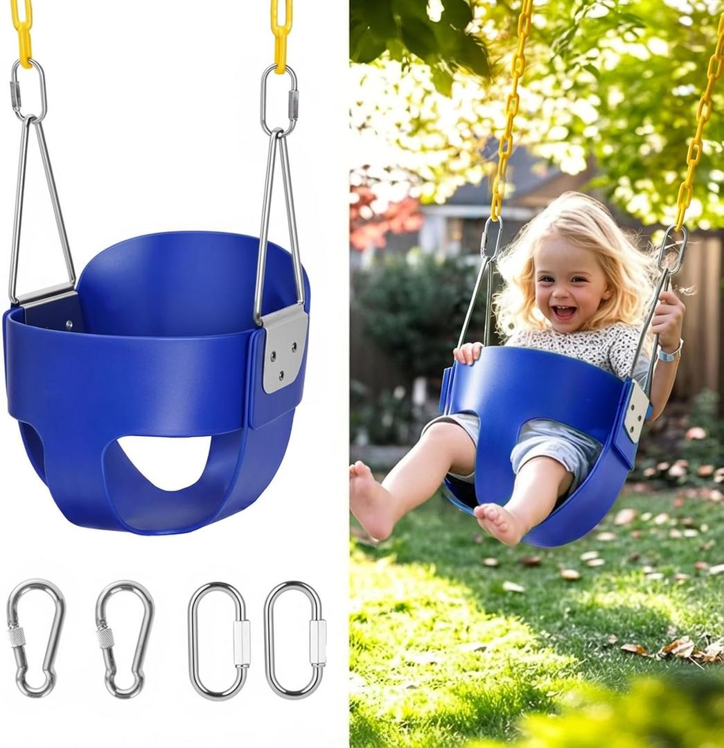 High Back Full Bucket, Toddler Swing with Coated Chains & Triangle Dip Pinch Protection for Safety, Baby Swing Outdoor with Locking Buckles, Toddler Bucket Swing for Backyard, Playground, Blue