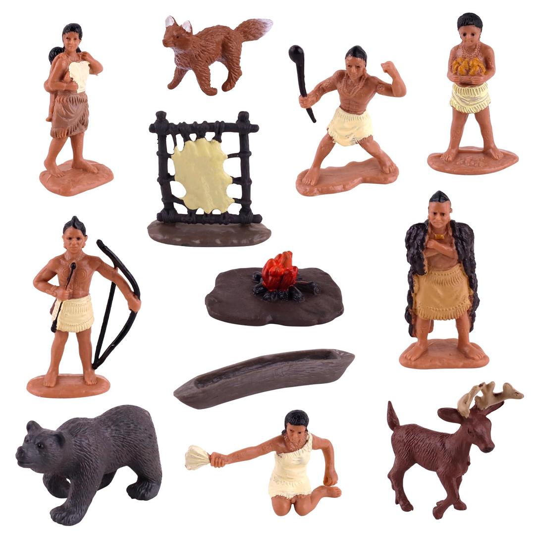 Native American Figurines Set Miniture Indian Figure Toys Indian Figurines for Kids Indian Figures Playset Includes Camp Fire Deer Bear Fox for Birthday Decoration School Projects - 12 Pcs