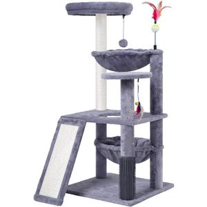 Multi-Level Cat Tree for Indoor Cats, Cat Tree Tower with Big Cat Hammock and Self-Grooming Brush, Cat Tower with Scratch Ladder, Indoor Climbing Activity Tower with Scratching Posts, Grey