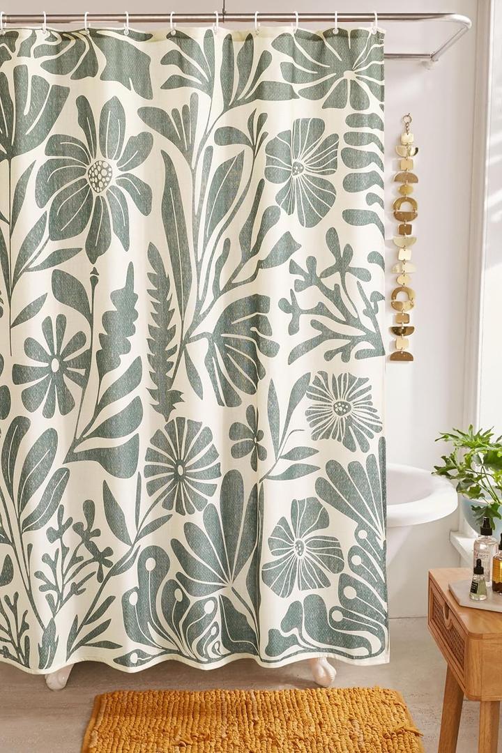 RoomTalks Vintage Floral Faux Linen Shower Curtain Extra Long 84 Inches - 210GSM Heavy Duty Modern Farmhouse Matisse Flowers Plants Botanical Shower Curtain Set Aesthetic Bathroom Decor (Beige and Greenish)