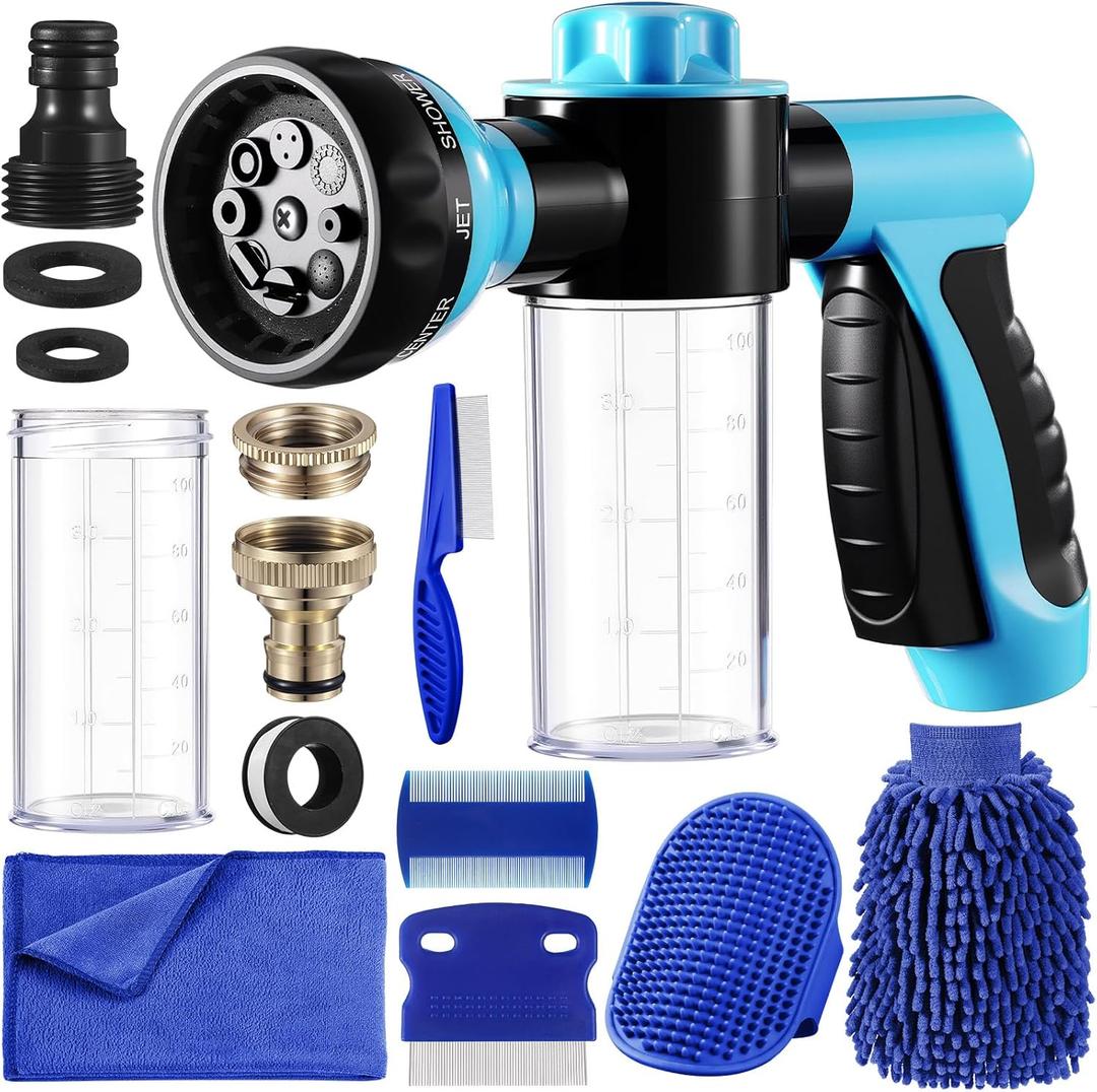 Baderke 10 Piece Dog Washing Hose Attachment Dog Hose Nozzle with Soap Dispenser Pet Shower Tool Set Dog Comb Bath Brush Towel Car Wash Mitt Brass Converter Tape for Pet Garden Car Washing (Blue)