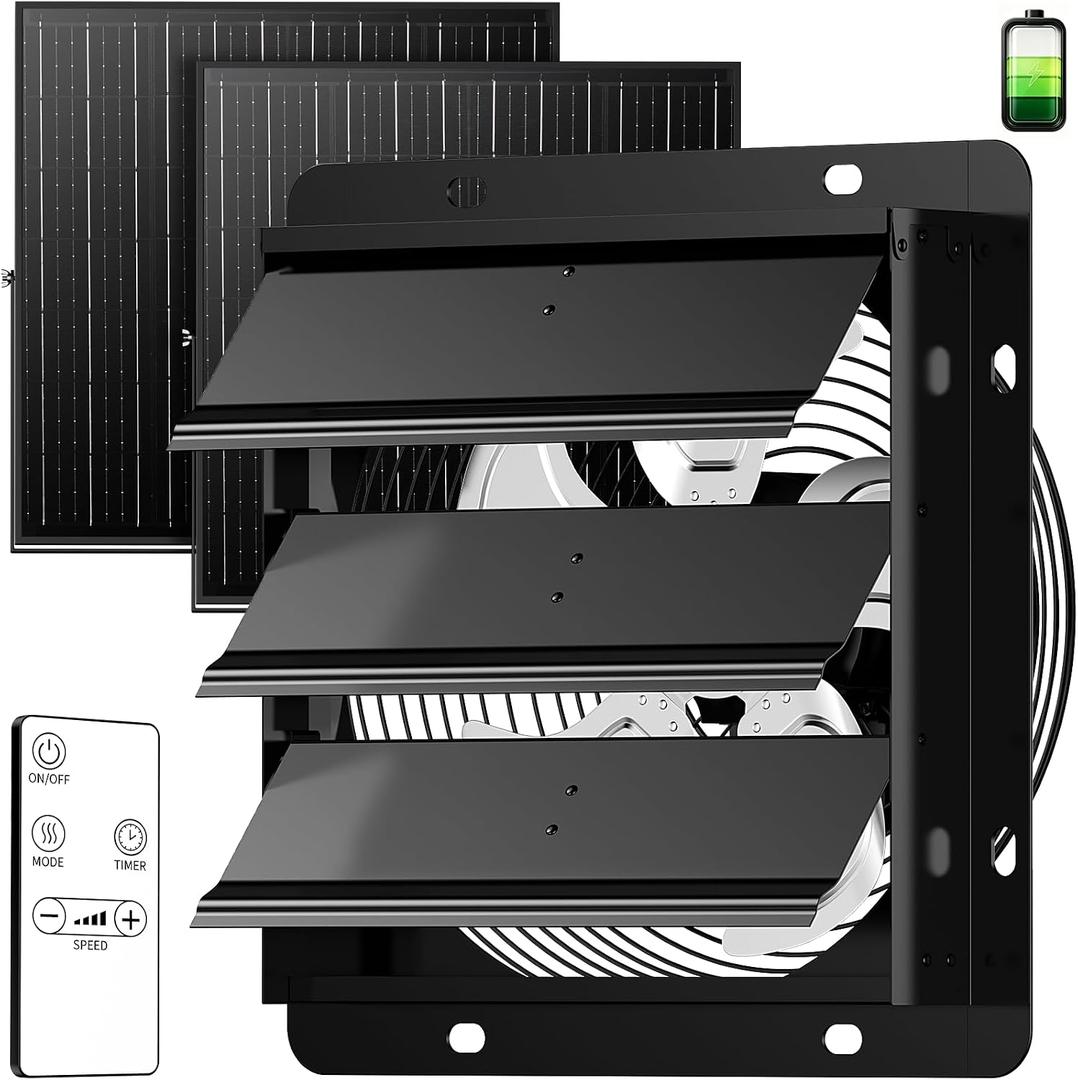 Solar Exhaust Fan 12'', Dual Solar Panels & Battery for Shed, Greenhouse, Medium