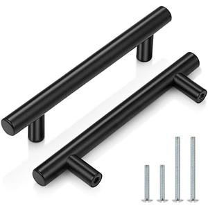 Probrico (10 Pack Flat Black Cabinet Handles, 3-3/4 Inch Hole Centers Modern Cabinet Hardware Cupboard Pull Kitchen Cabinet T Bar Handle Dresser Pulls, 6 Inch Total Length 9 p