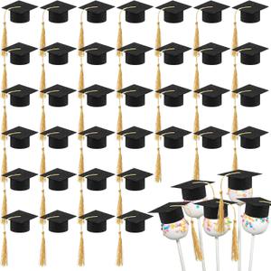 Hahafelt 36pcs Mini Felt Graduation Cap Lollipop Toppers with Tassel Class of 2026 Congrats Party Supplies for Cupcake Decor