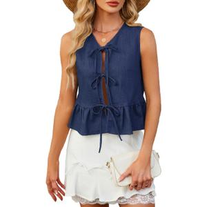 Denim Tops for Women Jean Vest Top Sleeveless V Neck Waistcoats Suit Denim Vest Bow Tie Front Peplum Crop Tank Tops (Blue, M)