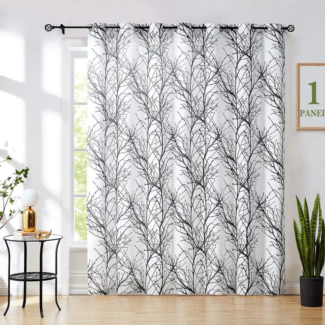 FMFUNCTEX Black White Linen Sheer Sliding Glass Door Curtain for Living Room Modern Tree Branch Print Window Curtain for Office, Light Filtering 100 Inch Extra Wide Sheer Room Divider Curtain 1 Panel