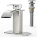 RUACQ Bathroom Faucets, Single Handle Bathroom Sink Waterfall Faucets for 1or 3 Hole, Stainless Steel Washbasin Mixer Tap with Deck, Pop-Up Drain and Supply Hoses (Short, Brushed Nickel)